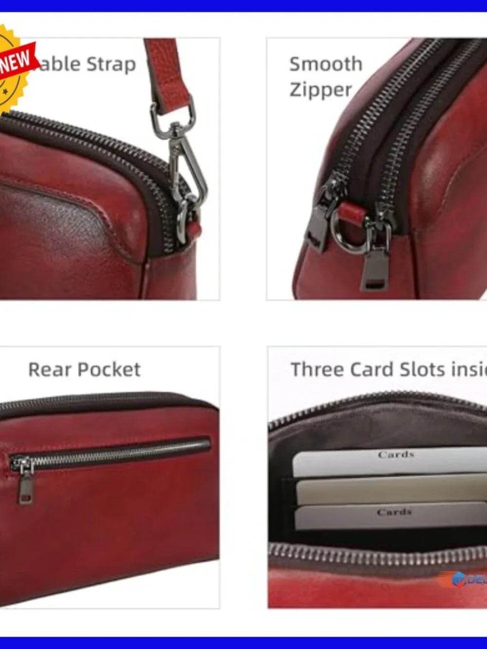 Genuine Leather Crossbody Bag with Multiple Pockets, Adjustable Straps